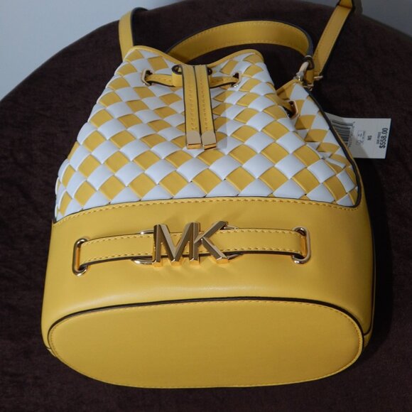 Michael Kors REED Medium Drawstring Belted Intertwined Yellow Bucket Bag NWT - Picture 10 of 12